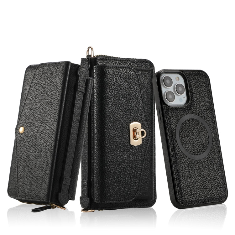 For iPhone 13 Pro Max MagSafe Crossbody Multi-functional Zipper Wallet Litchi Leather Phone Case(Black) by bashfashion