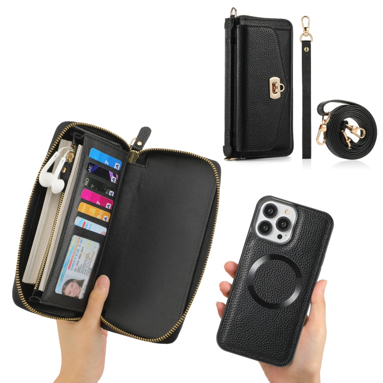 For iPhone 13 Pro Max MagSafe Crossbody Multi-functional Zipper Wallet Litchi Leather Phone Case(Black) by bashfashion