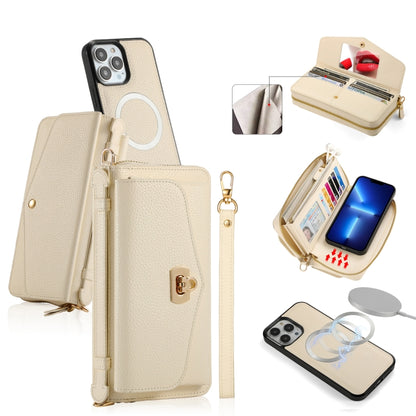 For iPhone 13 Pro MagSafe Crossbody Multi-functional Zipper Wallet Litchi Leather Phone Case(White) by bashfashion