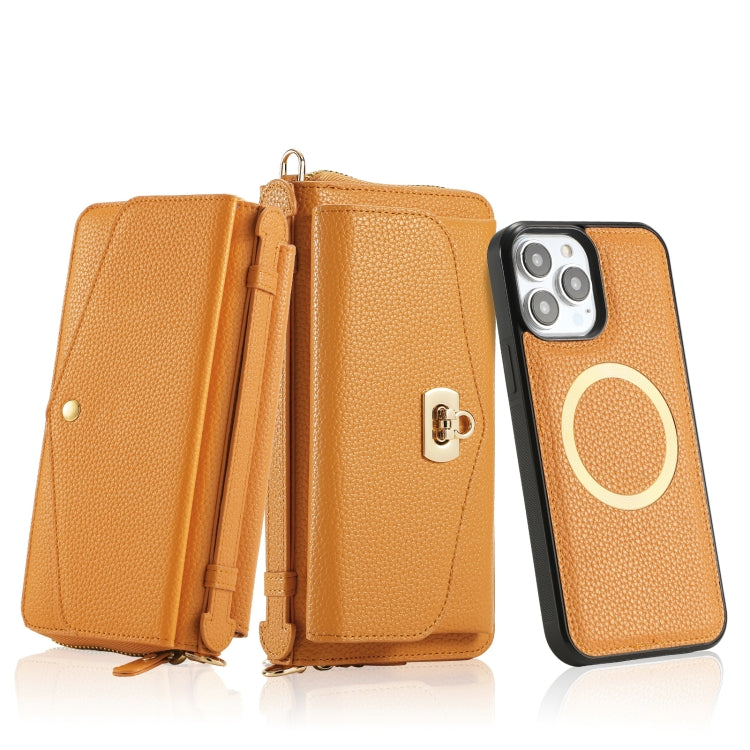For iPhone 13 Pro MagSafe Crossbody Multi-functional Zipper Wallet Litchi Leather Phone Case(Orange) by bashfashion