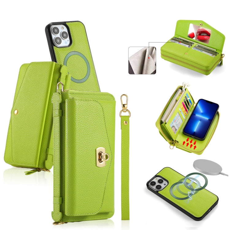 For iPhone 13 Pro MagSafe Crossbody Multi-functional Zipper Wallet Litchi Leather Phone Case(Green) by bashfashion