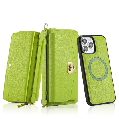 For iPhone 13 Pro MagSafe Crossbody Multi-functional Zipper Wallet Litchi Leather Phone Case(Green) by bashfashion