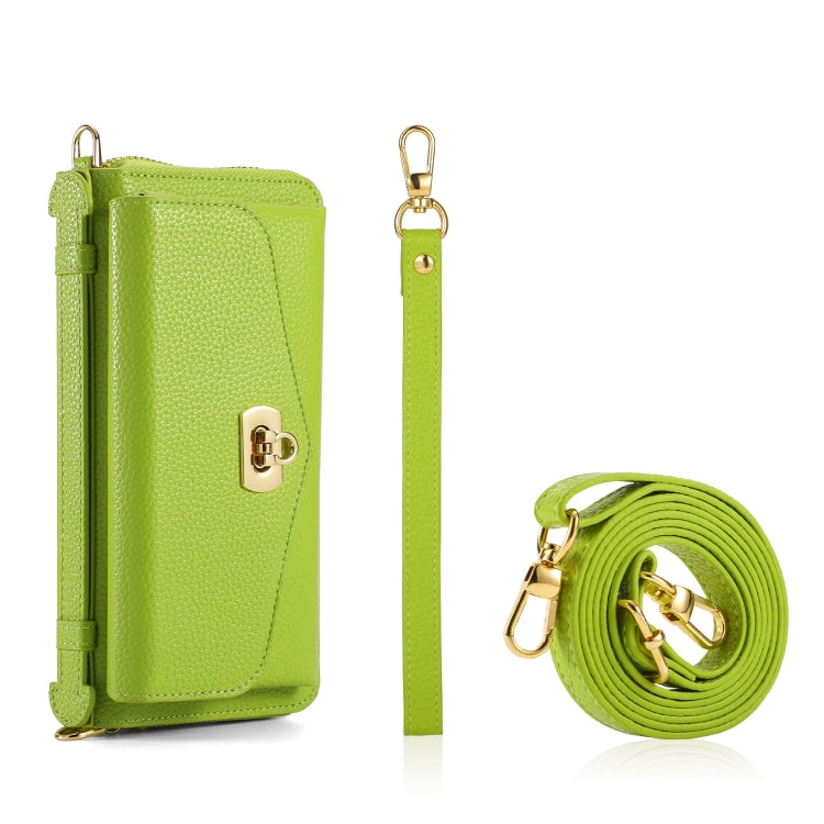 For iPhone 13 Pro MagSafe Crossbody Multi-functional Zipper Wallet Litchi Leather Phone Case(Green) by bashfashion