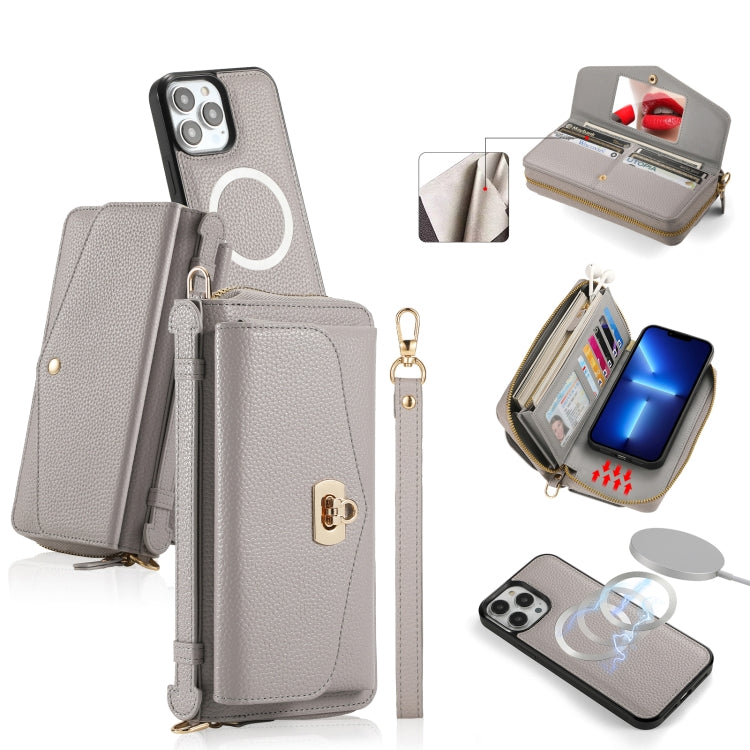 For iPhone 13 Pro MagSafe Crossbody Multi-functional Zipper Wallet Litchi Leather Phone Case(Grey) by bashfashion