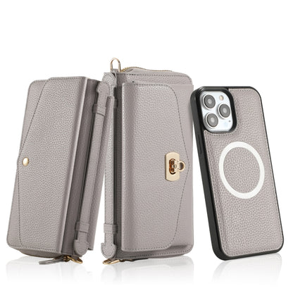 For iPhone 13 Pro MagSafe Crossbody Multi-functional Zipper Wallet Litchi Leather Phone Case(Grey) by bashfashion