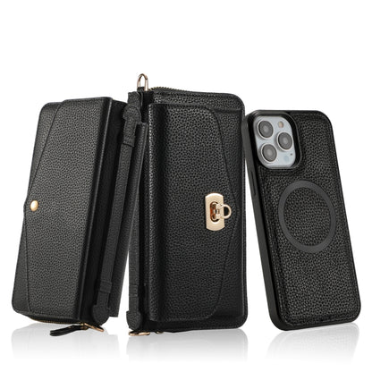 For iPhone 13 Pro MagSafe Crossbody Multi-functional Zipper Wallet Litchi Leather Phone Case(Black) by bashfashion