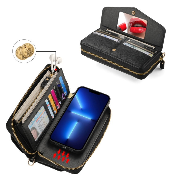 For iPhone 13 Pro MagSafe Crossbody Multi-functional Zipper Wallet Litchi Leather Phone Case(Black) by bashfashion