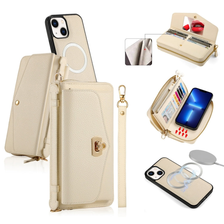 For iPhone 13 MagSafe Crossbody Multi-functional Zipper Wallet Litchi Leather Phone Case(White) by bashfashion