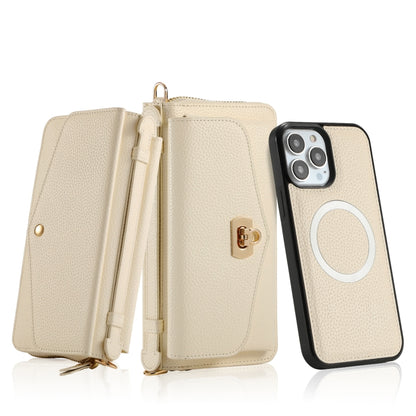 For iPhone 13 MagSafe Crossbody Multi-functional Zipper Wallet Litchi Leather Phone Case(White) by bashfashion