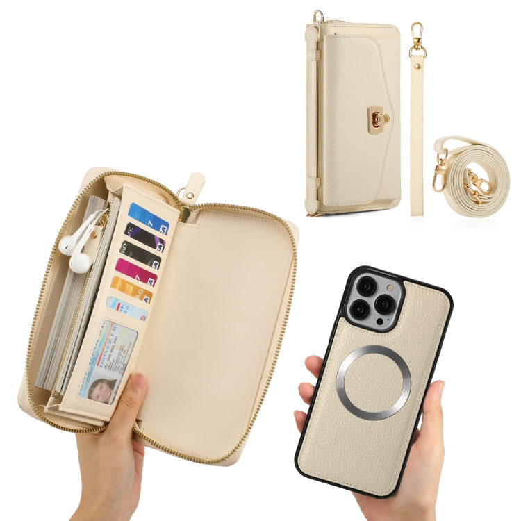 For iPhone 13 MagSafe Crossbody Multi-functional Zipper Wallet Litchi Leather Phone Case(White) by bashfashion