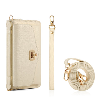 For iPhone 13 MagSafe Crossbody Multi-functional Zipper Wallet Litchi Leather Phone Case(White) by bashfashion
