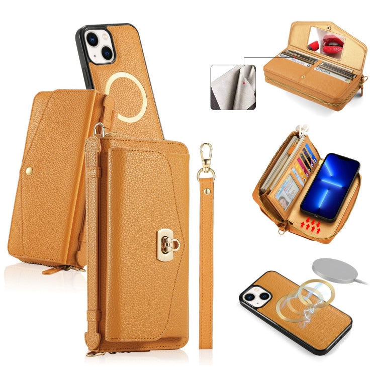 For iPhone 13 MagSafe Crossbody Multi-functional Zipper Wallet Litchi Leather Phone Case(Orange) by bashfashion