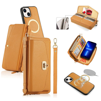 For iPhone 13 MagSafe Crossbody Multi-functional Zipper Wallet Litchi Leather Phone Case(Orange) by bashfashion