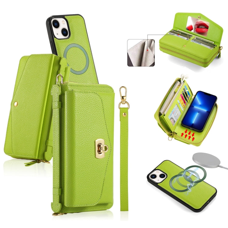 For iPhone 13 MagSafe Crossbody Multi-functional Zipper Wallet Litchi Leather Phone Case(Green) by bashfashion