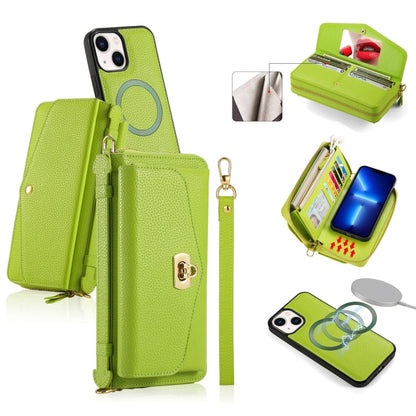 For iPhone 13 MagSafe Crossbody Multi-functional Zipper Wallet Litchi Leather Phone Case(Green) by bashfashion