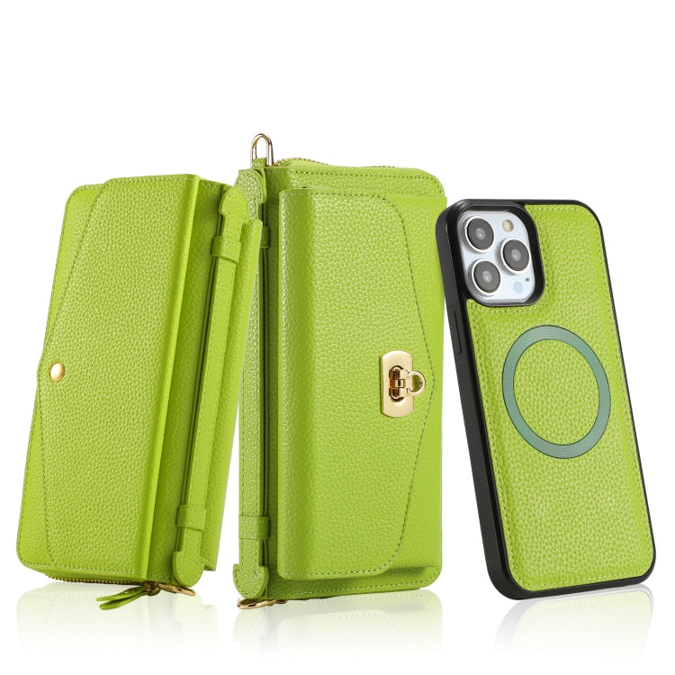 For iPhone 13 MagSafe Crossbody Multi-functional Zipper Wallet Litchi Leather Phone Case(Green) by bashfashion