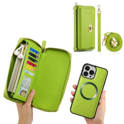 For iPhone 13 MagSafe Crossbody Multi-functional Zipper Wallet Litchi Leather Phone Case(Green) by bashfashion