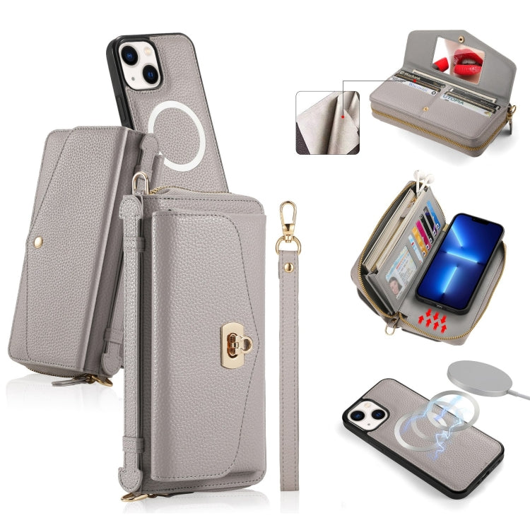 For iPhone 13 MagSafe Crossbody Multi-functional Zipper Wallet Litchi Leather Phone Case(Grey) by bashfashion
