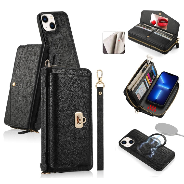 For iPhone 13 MagSafe Crossbody Multi-functional Zipper Wallet Litchi Leather Phone Case(Black) by bashfashion