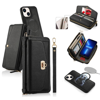 For iPhone 13 MagSafe Crossbody Multi-functional Zipper Wallet Litchi Leather Phone Case(Black) by bashfashion