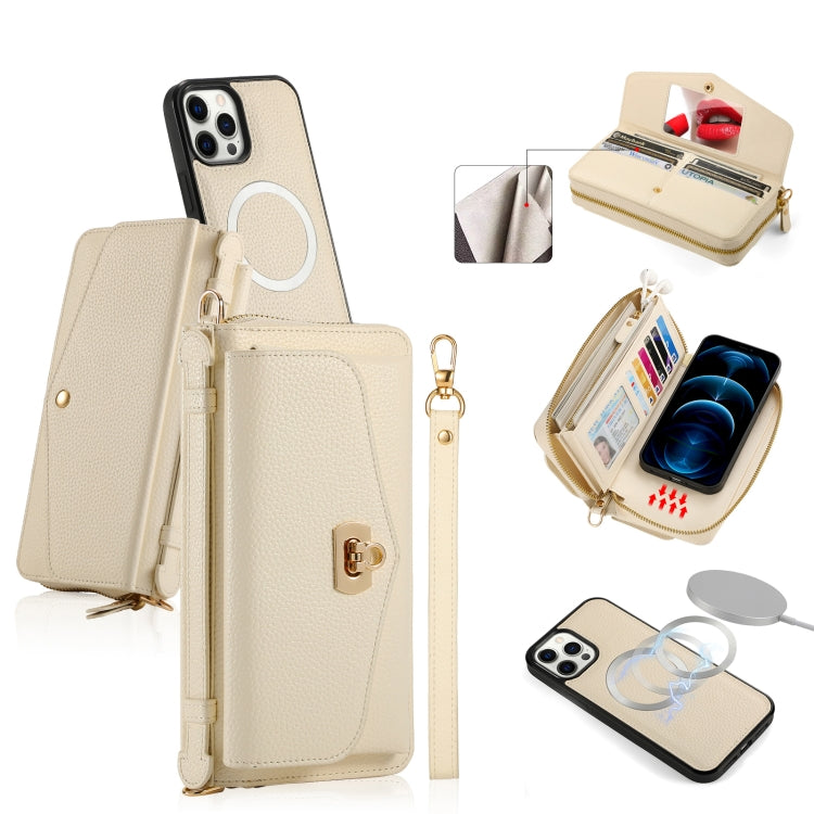 For iPhone 12 Pro Max MagSafe Crossbody Multi-functional Zipper Wallet Litchi Leather Phone Case(White) by bashfashion
