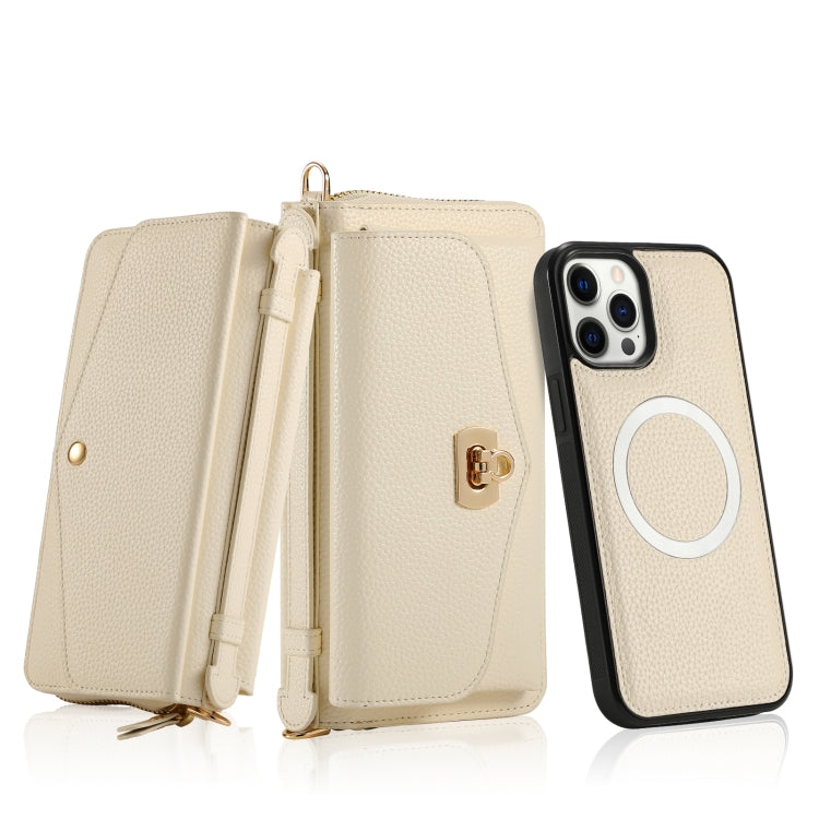 For iPhone 12 Pro Max MagSafe Crossbody Multi-functional Zipper Wallet Litchi Leather Phone Case(White) by bashfashion