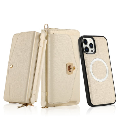 For iPhone 12 Pro Max MagSafe Crossbody Multi-functional Zipper Wallet Litchi Leather Phone Case(White) by bashfashion