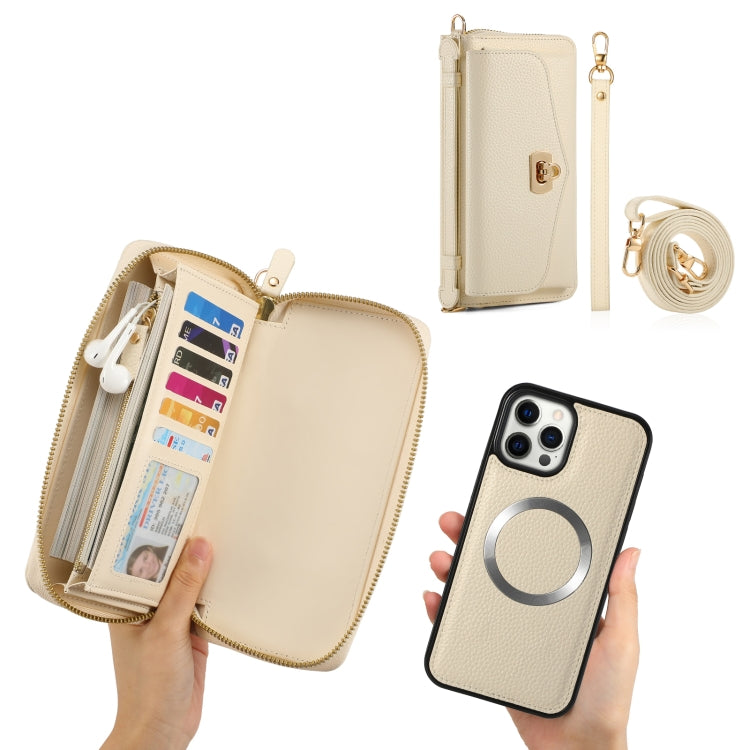 For iPhone 12 Pro Max MagSafe Crossbody Multi-functional Zipper Wallet Litchi Leather Phone Case(White) by bashfashion