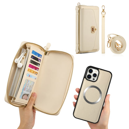 For iPhone 12 Pro Max MagSafe Crossbody Multi-functional Zipper Wallet Litchi Leather Phone Case(White) by bashfashion