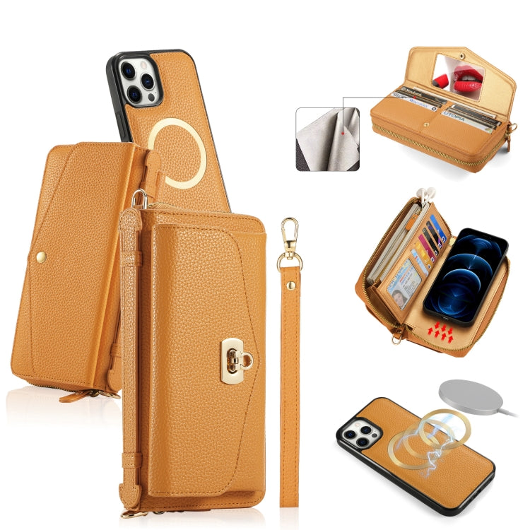 For iPhone 12 Pro Max MagSafe Crossbody Multi-functional Zipper Wallet Litchi Leather Phone Case(Orange) by bashfashion