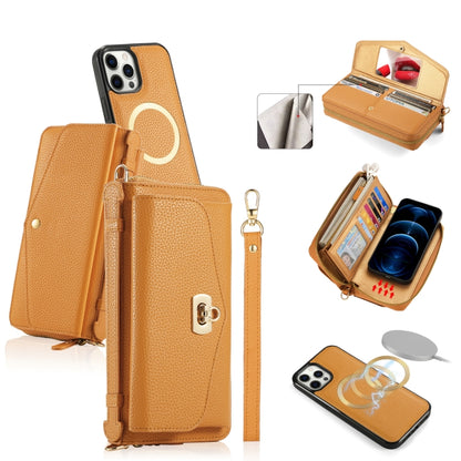 For iPhone 12 Pro Max MagSafe Crossbody Multi-functional Zipper Wallet Litchi Leather Phone Case(Orange) by bashfashion