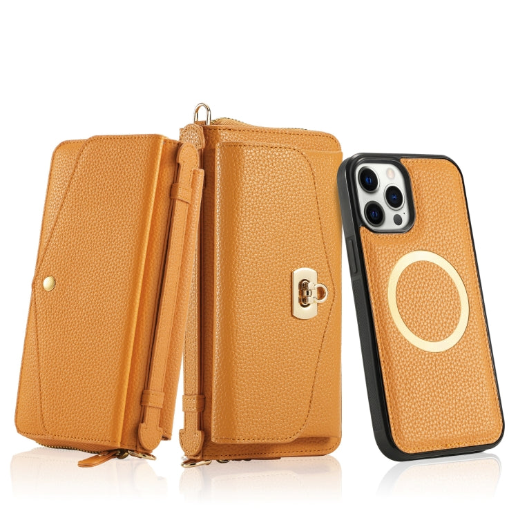 For iPhone 12 Pro Max MagSafe Crossbody Multi-functional Zipper Wallet Litchi Leather Phone Case(Orange) by bashfashion