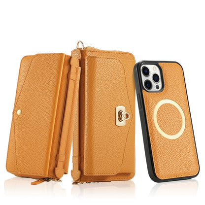 For iPhone 12 Pro Max MagSafe Crossbody Multi-functional Zipper Wallet Litchi Leather Phone Case(Orange) by bashfashion