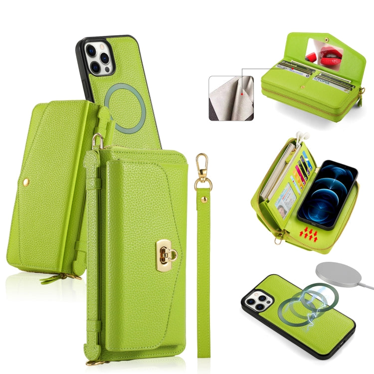 For iPhone 12 Pro Max MagSafe Crossbody Multi-functional Zipper Wallet Litchi Leather Phone Case(Green) by bashfashion