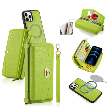 For iPhone 12 Pro Max MagSafe Crossbody Multi-functional Zipper Wallet Litchi Leather Phone Case(Green) by bashfashion