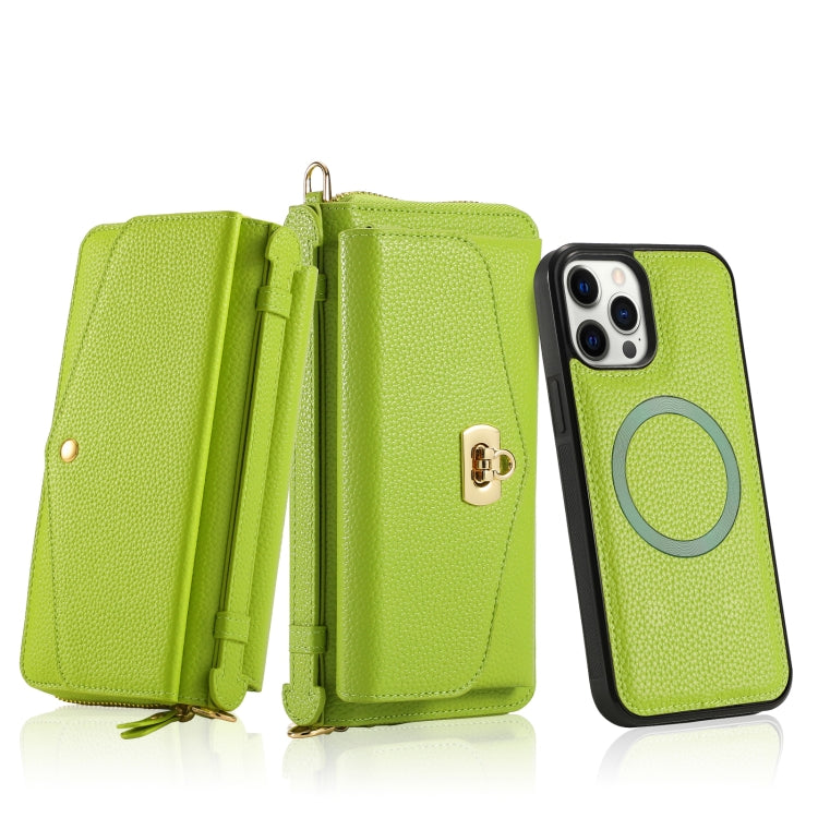 For iPhone 12 Pro Max MagSafe Crossbody Multi-functional Zipper Wallet Litchi Leather Phone Case(Green) by bashfashion