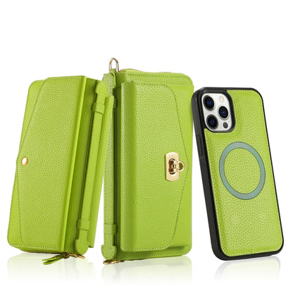 For iPhone 12 Pro Max MagSafe Crossbody Multi-functional Zipper Wallet Litchi Leather Phone Case(Green) by bashfashion