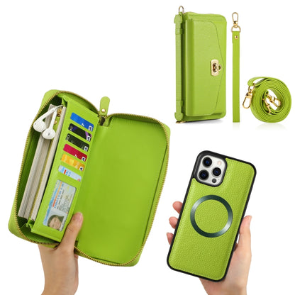 For iPhone 12 Pro Max MagSafe Crossbody Multi-functional Zipper Wallet Litchi Leather Phone Case(Green) by bashfashion