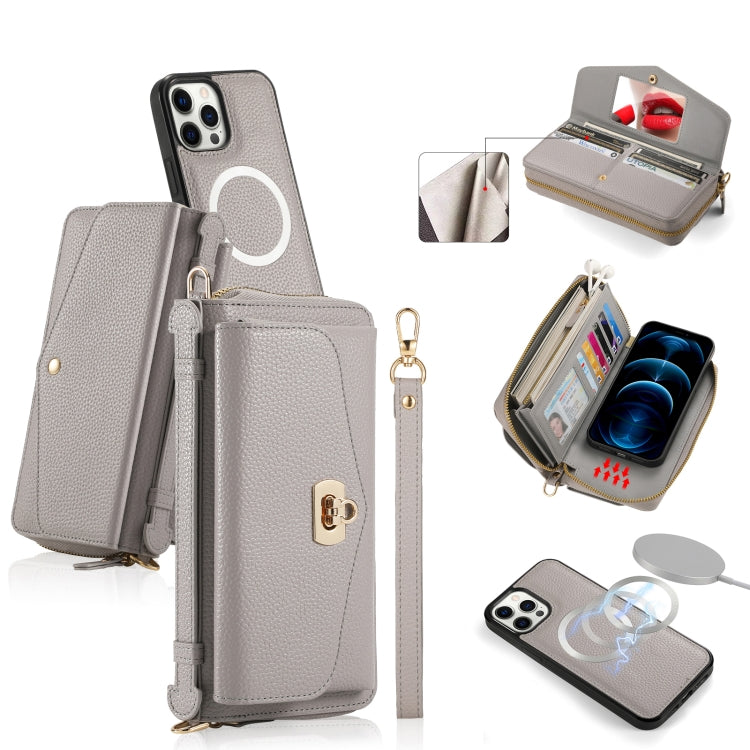 For iPhone 12 Pro Max MagSafe Crossbody Multi-functional Zipper Wallet Litchi Leather Phone Case(Grey) by bashfashion