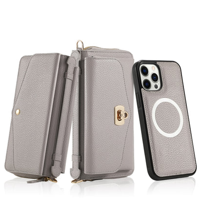 For iPhone 12 Pro Max MagSafe Crossbody Multi-functional Zipper Wallet Litchi Leather Phone Case(Grey) by bashfashion