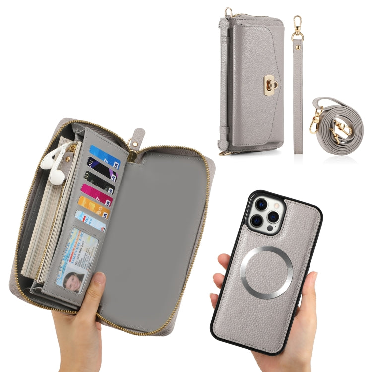 For iPhone 12 Pro Max MagSafe Crossbody Multi-functional Zipper Wallet Litchi Leather Phone Case(Grey) by bashfashion