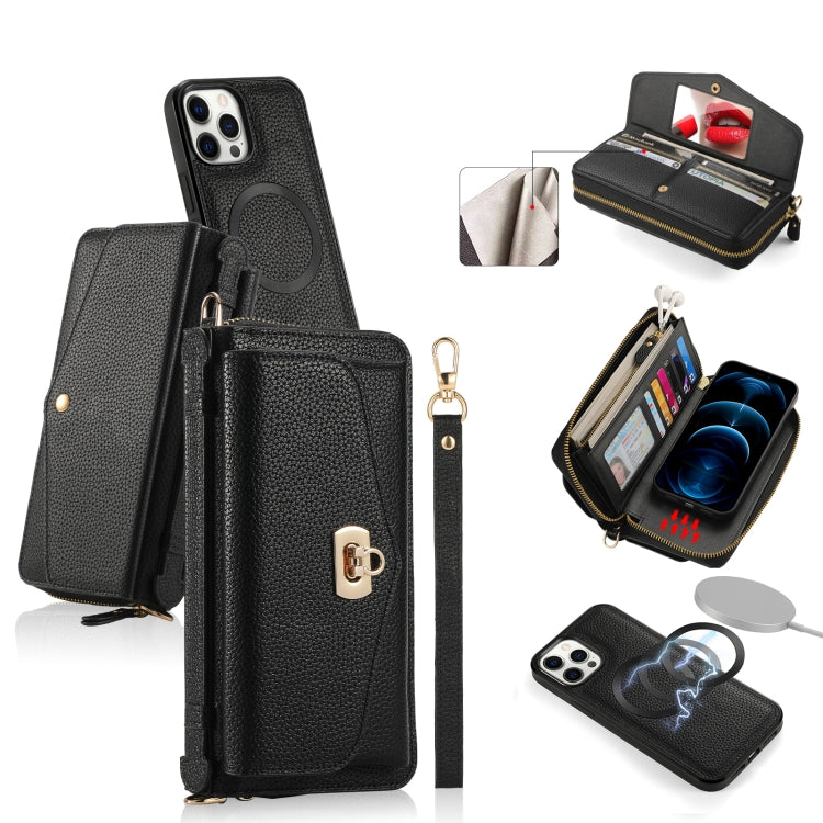 For iPhone 12 Pro Max MagSafe Crossbody Multi-functional Zipper Wallet Litchi Leather Phone Case(Black) by bashfashion