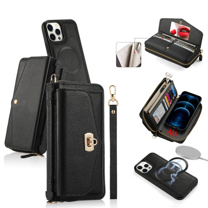For iPhone 12 Pro Max MagSafe Crossbody Multi-functional Zipper Wallet Litchi Leather Phone Case(Black) by bashfashion