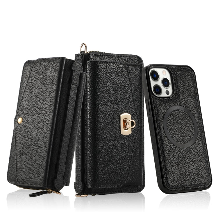 For iPhone 12 Pro Max MagSafe Crossbody Multi-functional Zipper Wallet Litchi Leather Phone Case(Black) by bashfashion