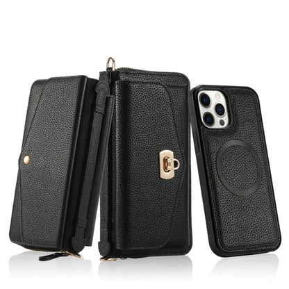 For iPhone 12 Pro Max MagSafe Crossbody Multi-functional Zipper Wallet Litchi Leather Phone Case(Black) by bashfashion