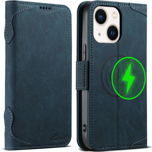 For iPhone 14 Plus SUTENI J07 Multifunctional Horizontal Flip Magsafe Leather Phone Case(Blue) by Suteni
