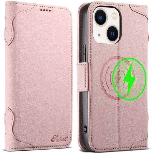 For iPhone 14 Plus SUTENI J07 Multifunctional Horizontal Flip Magsafe Leather Phone Case(Pink) by Suteni