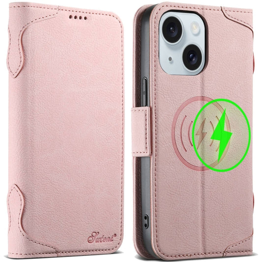 For iPhone 15 Plus SUTENI J07 Multifunctional Horizontal Flip Magsafe Leather Phone Case(Pink) by Suteni