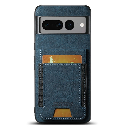 For Google Pixel 7 Pro Suteni H03 Litchi Leather Card Bag Stand Back Phone Case(Blue) by Suteni