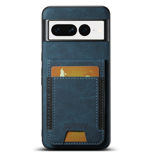 For Google Pixel 7 Suteni H03 Litchi Leather Card Bag Stand Back Phone Case(Blue) by Suteni